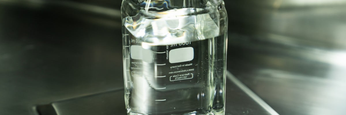Transparent beaker on lab bench