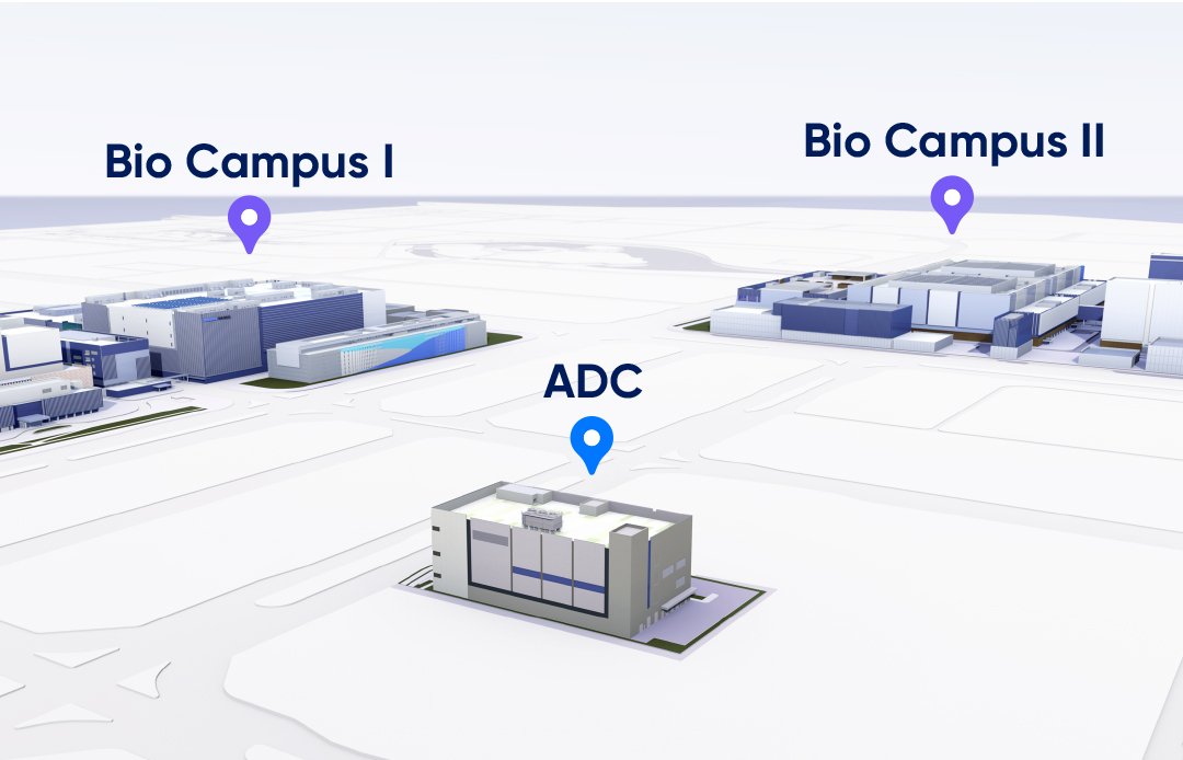 Location of Samsung's new antibody-drug conjugate facility in relation to existing development and manufacturing sites