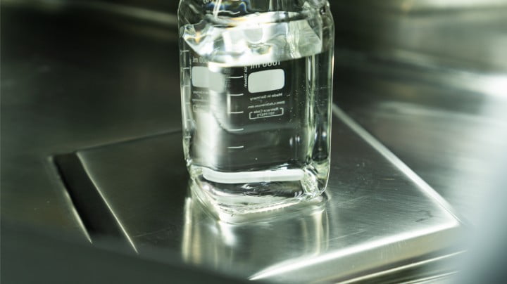 Transparent beaker on lab bench