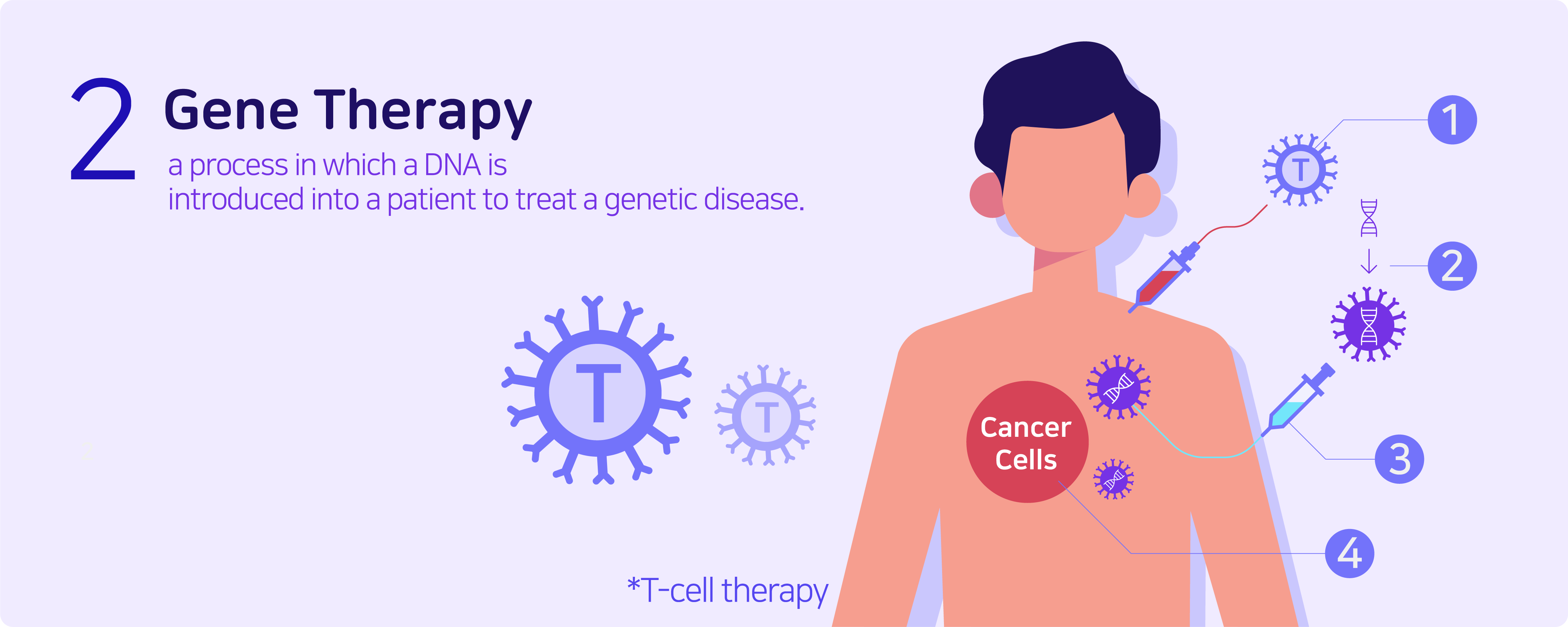 2. Gene Therapy - a process in which a DNA is introduced into a patient to treat a genetic disease.