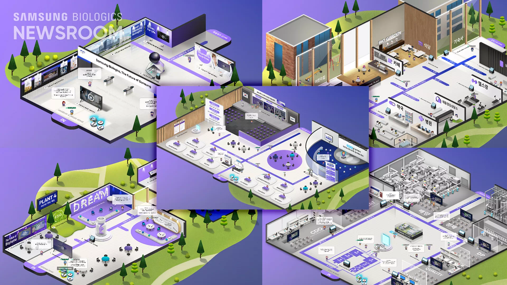 왼쪽부터 시계 방향으로 Plant 1(Mission&Pride Zone), 바이오플라자(복지시설 Zone), Plant 3(공정소개 Zone), Plant 4(Dream Zone), 가운데는 Plant 2(채용정보 Zone)
