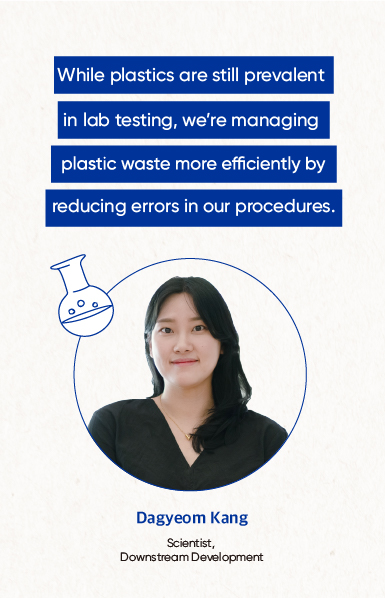While plastics are still prevalent in lab testing, we're managing plastic waste more efficiently by reducing errors in our procedures. Dagyeom Kang Scientist, Downstream Development 