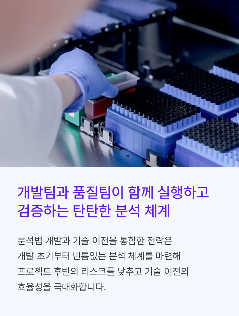 
			개발팀과 품질팀이 함께 실행하고
			검증하는 탄탄한 분석 체계

			분석법 개발과 기술 이전을 통합한 전략은
			개발 초기부터 빈틈없는 분석 체계를 마련해
			프로젝트 후반의 리스크를 낮추고 기술 이전의
			효율성을 극대화합니다.
		