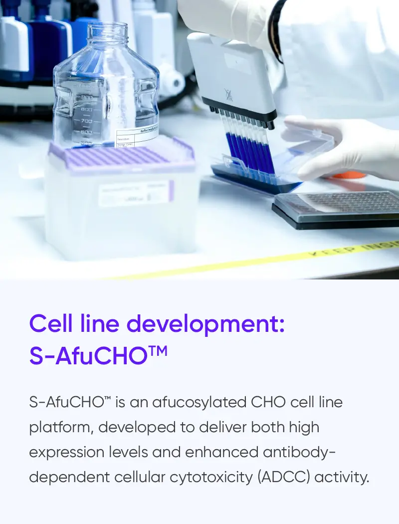 
				Cell line development:
				S-AfuCHOTM

				S-AfuCHO™ is an afucosylated CHO cell line
				platform, developed to deliver both high
				expression levels and enhanced antibody-
				dependent cellular cytotoxicity (ADCC) activity.
			
